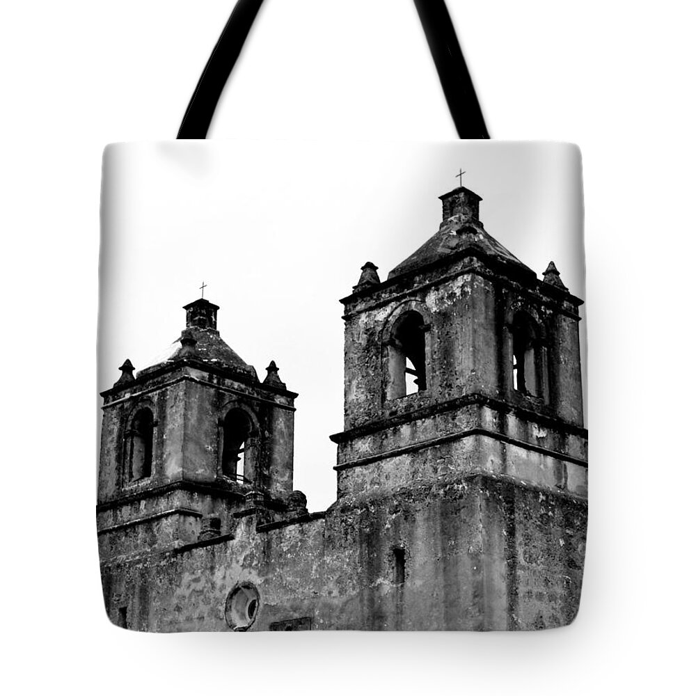 Historical Photograph Tote Bag featuring the photograph Vertical Mission Concepcion Towers in Black and White by Expressions By Stephanie