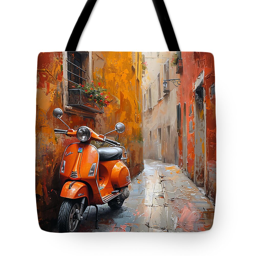 Vespa Tote Bag featuring the digital art Vespa Motorcycle in Europe by Carlos Diaz