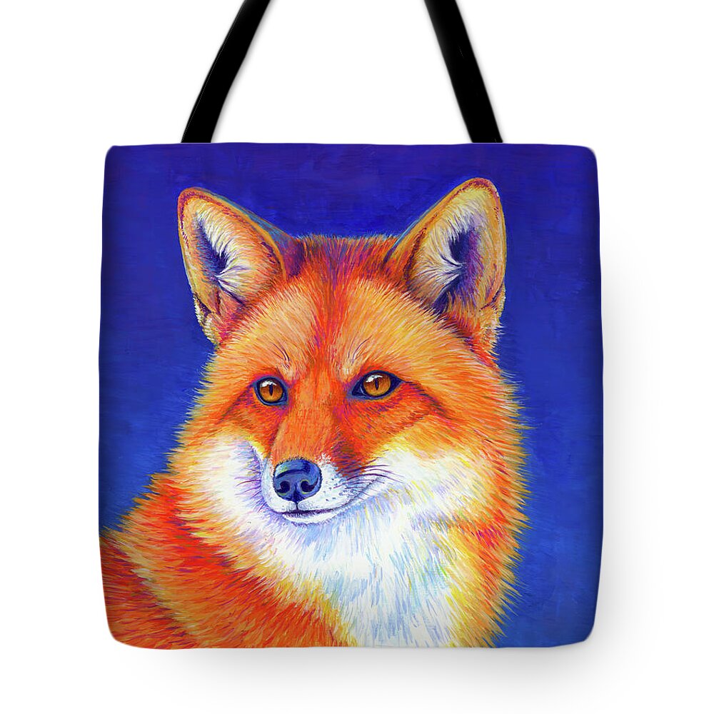 Red Fox Tote Bag featuring the painting Vibrant Flame - Colorful Red Fox by Rebecca Wang
