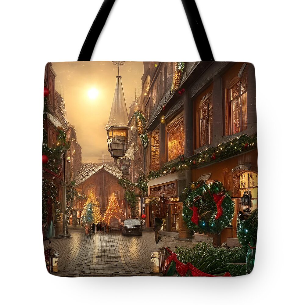 Christmas Tote Bag featuring the digital art Victorian Christmas Scene by Katrina Gunn