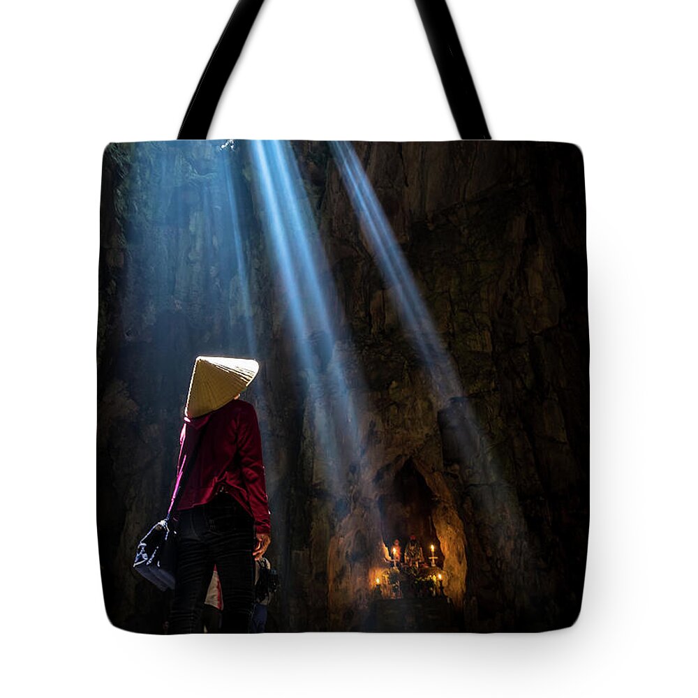 Ancient Tote Bag featuring the photograph Vietnamese at Marble Mountain by Arj Munoz