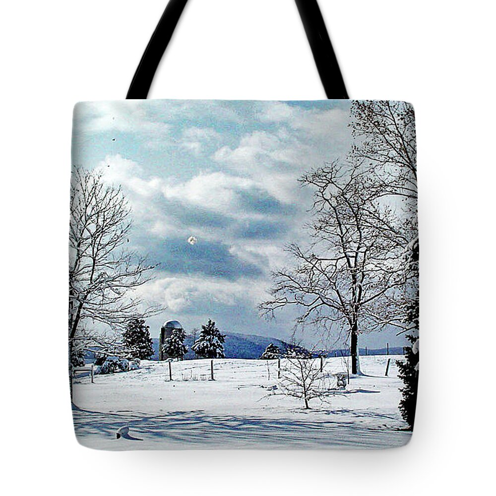 Snow Tote Bag featuring the digital art View in Welsh Run, Pennsylvania by Nancy Olivia Hoffmann