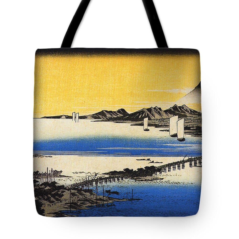 View Of A Long Bridge Across A Lake Tote Bag featuring the painting View of a long bridge across a lake, from Eight Views of Omi ,Hiroshige by Artistic Rifki