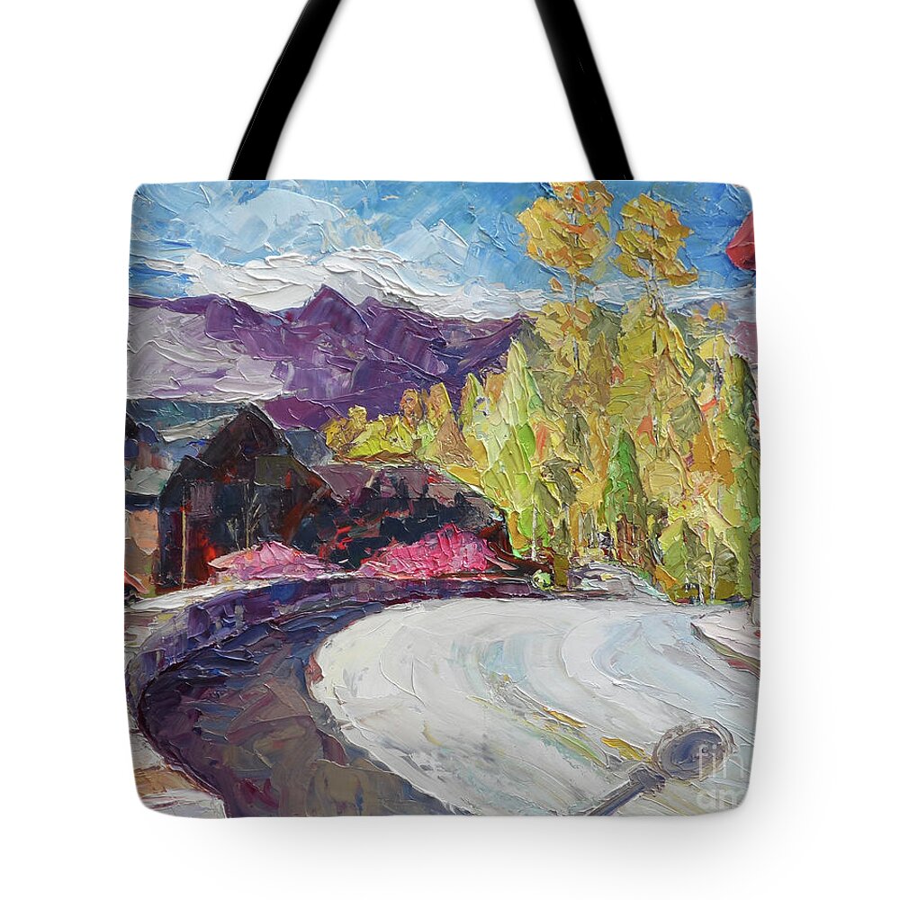 Telluride Village Tote Bag featuring the painting Village Bridge, 2018 by PJ Kirk