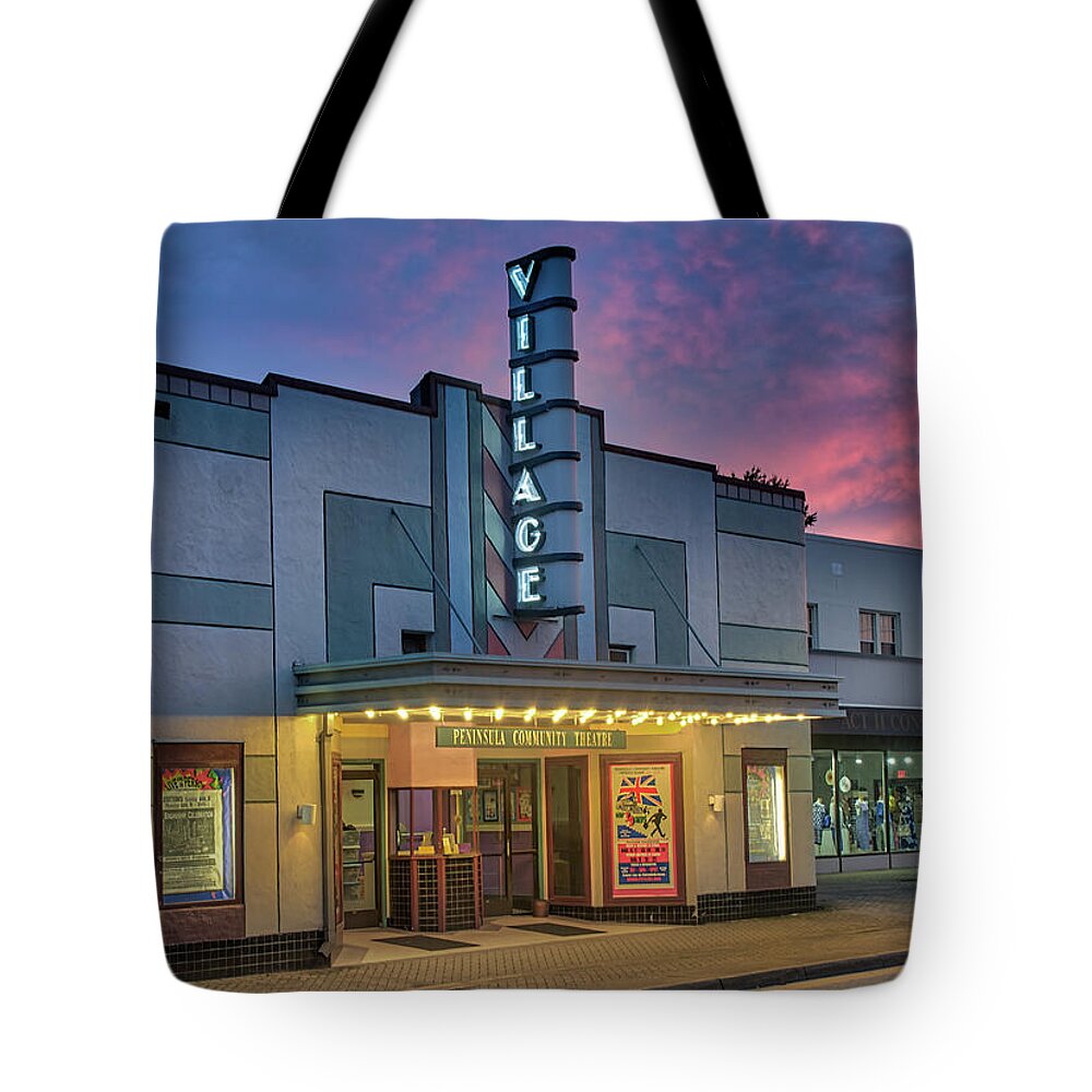 Village Theater Tote Bag featuring the photograph Village Theater at Dusk by Jerry Gammon