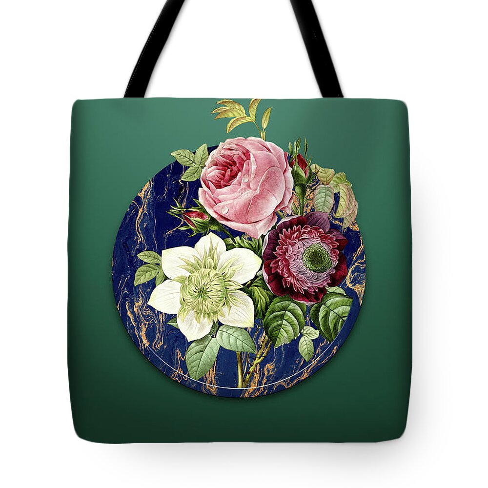 Vintage Tote Bag featuring the painting Vintage Anemone Rose Art in Gilded Marble on Dark Spring Green by Holy Rock Design