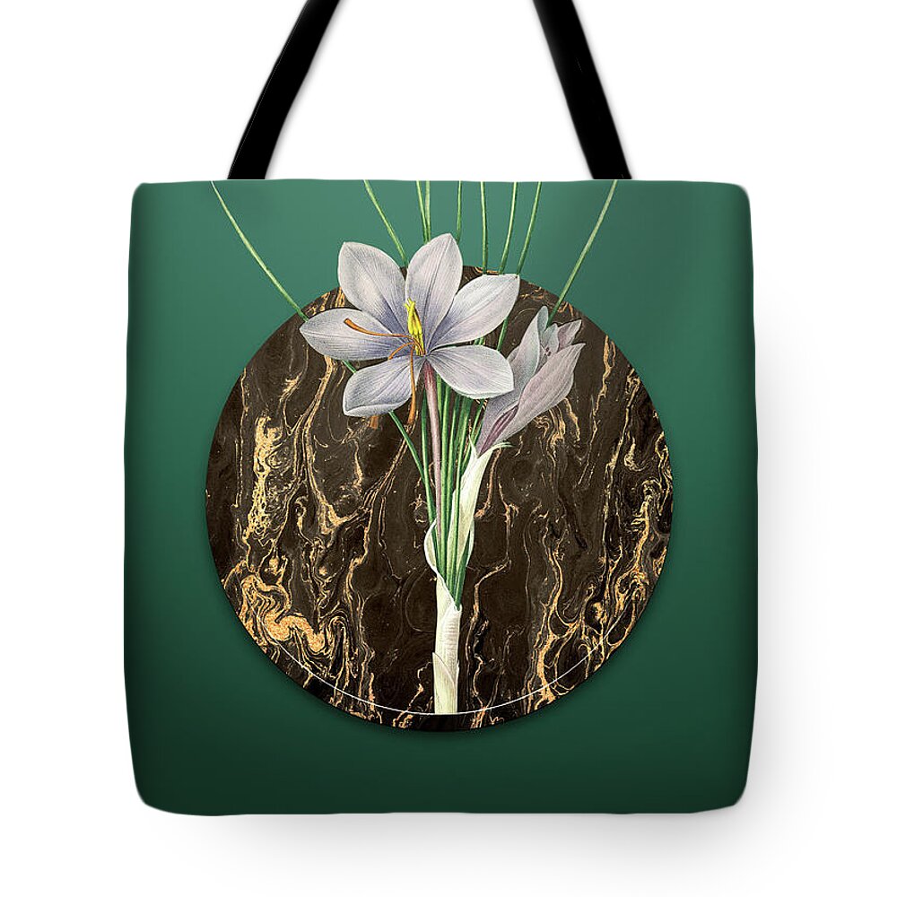 Vintage Tote Bag featuring the painting Vintage Autumn Crocus Art in Gilded Marble on Dark Spring Green by Holy Rock Design