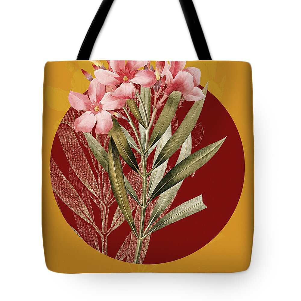 Vintage Tote Bag featuring the painting Vintage Botanical Oleander on Circle Red on Yellow by Holy Rock Design