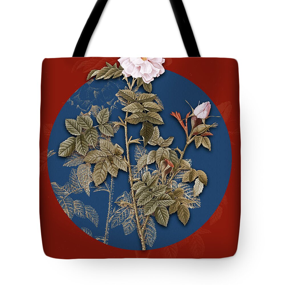 Vintage Tote Bag featuring the painting Vintage Botanical Pink Rosebush on Circle Blue on Red by Holy Rock Design