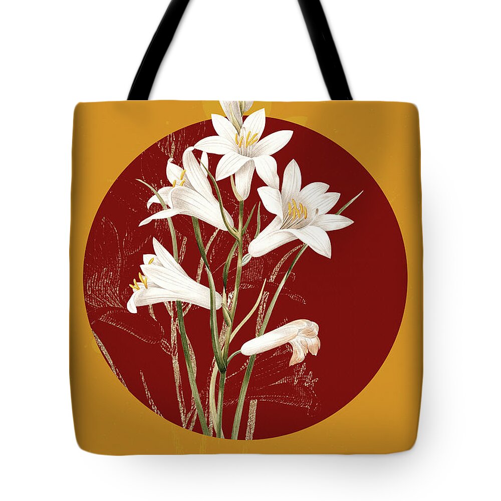Vintage Tote Bag featuring the painting Vintage Botanical St Brunos Lily on Circle Red on Yellow by Holy Rock Design