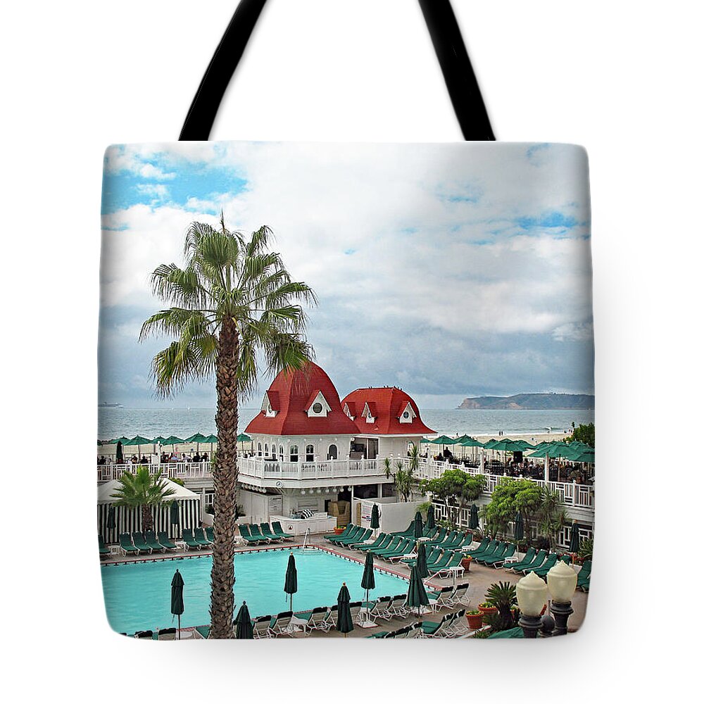 Red Roof Tote Bag featuring the photograph Vintage Cabana at The Del by Connie Fox