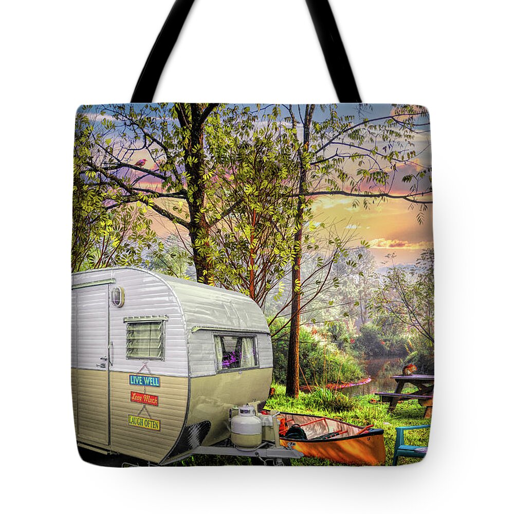 Camper Tote Bag featuring the photograph Vintage Camping at the Creek by Debra and Dave Vanderlaan