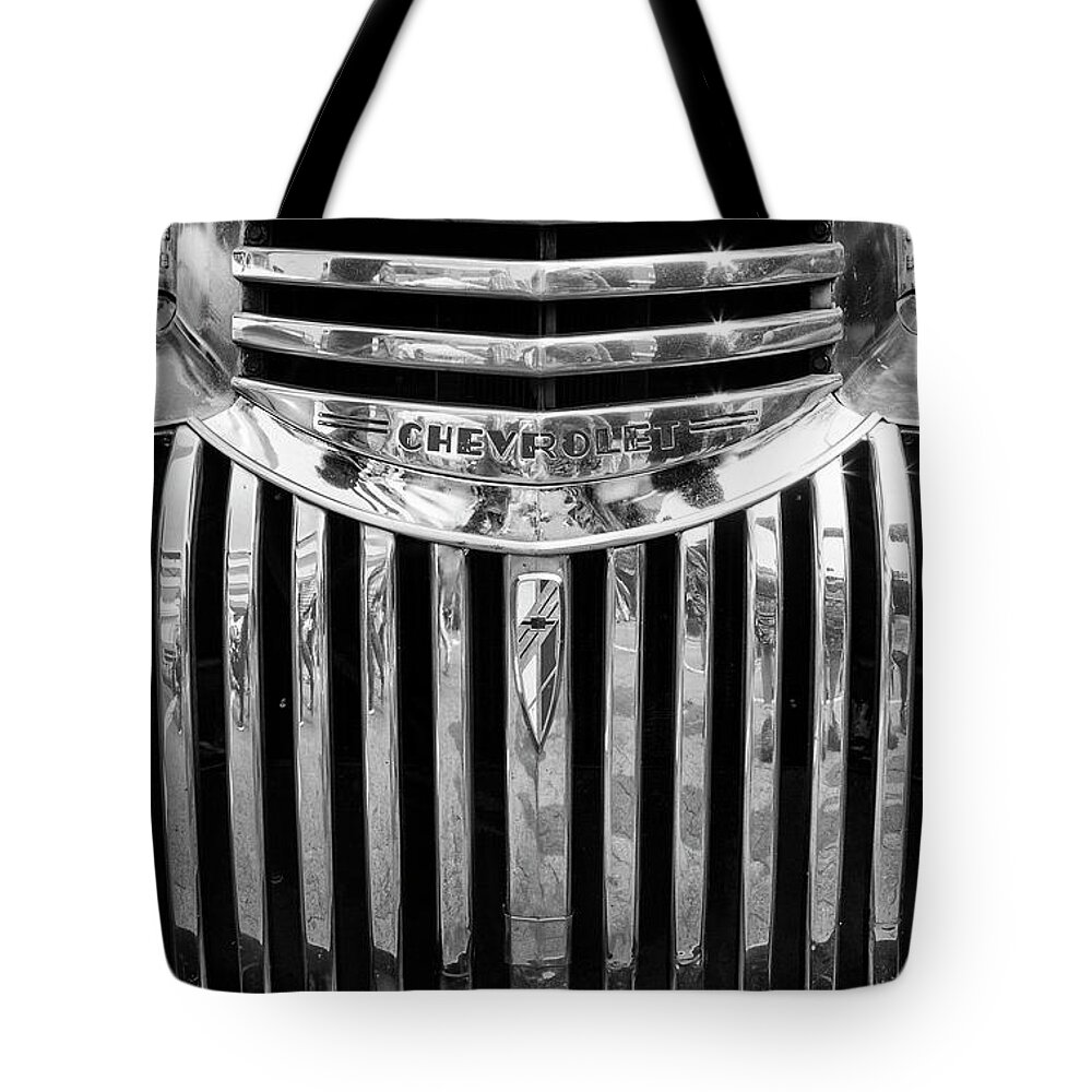 Chev Tote Bag featuring the photograph Vintage Chev Half Ton Black And White by Theresa Tahara