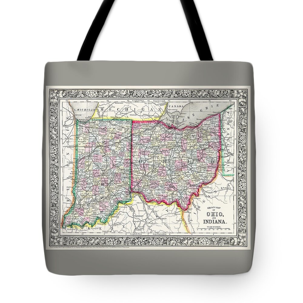 Indiana Tote Bag featuring the photograph Vintage County Map of Ohio and Indiana 1863 by Carol Japp