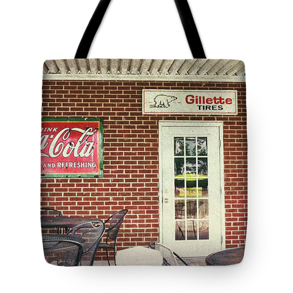 Gas Station Tote Bag featuring the photograph Vintage Gas Station Textured by Andrea Anderegg