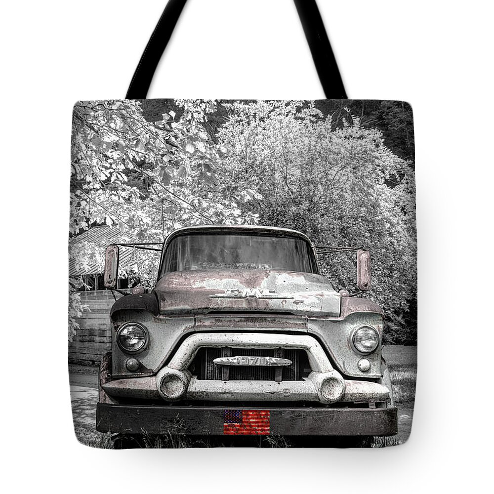 Trucks Tote Bag featuring the photograph Vintage in Springtime Black and White and Red by Debra and Dave Vanderlaan