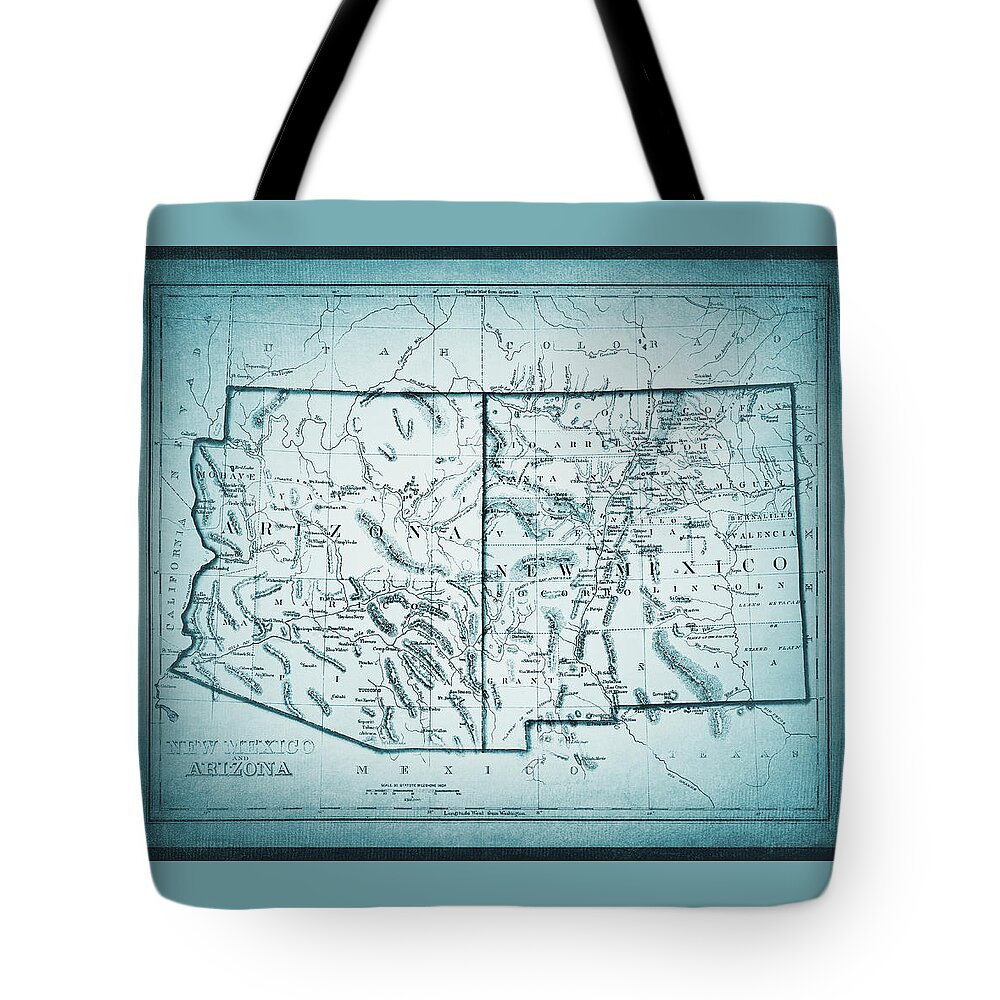 New Mexico Tote Bag featuring the photograph Vintage Map New Mexico and Arizona 1875 Cool Blue by Carol Japp