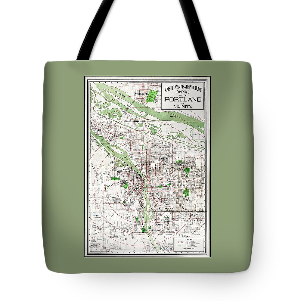 Portland Tote Bag featuring the photograph Vintage Map Portland Oregon and Vicinity 1912 by Carol Japp