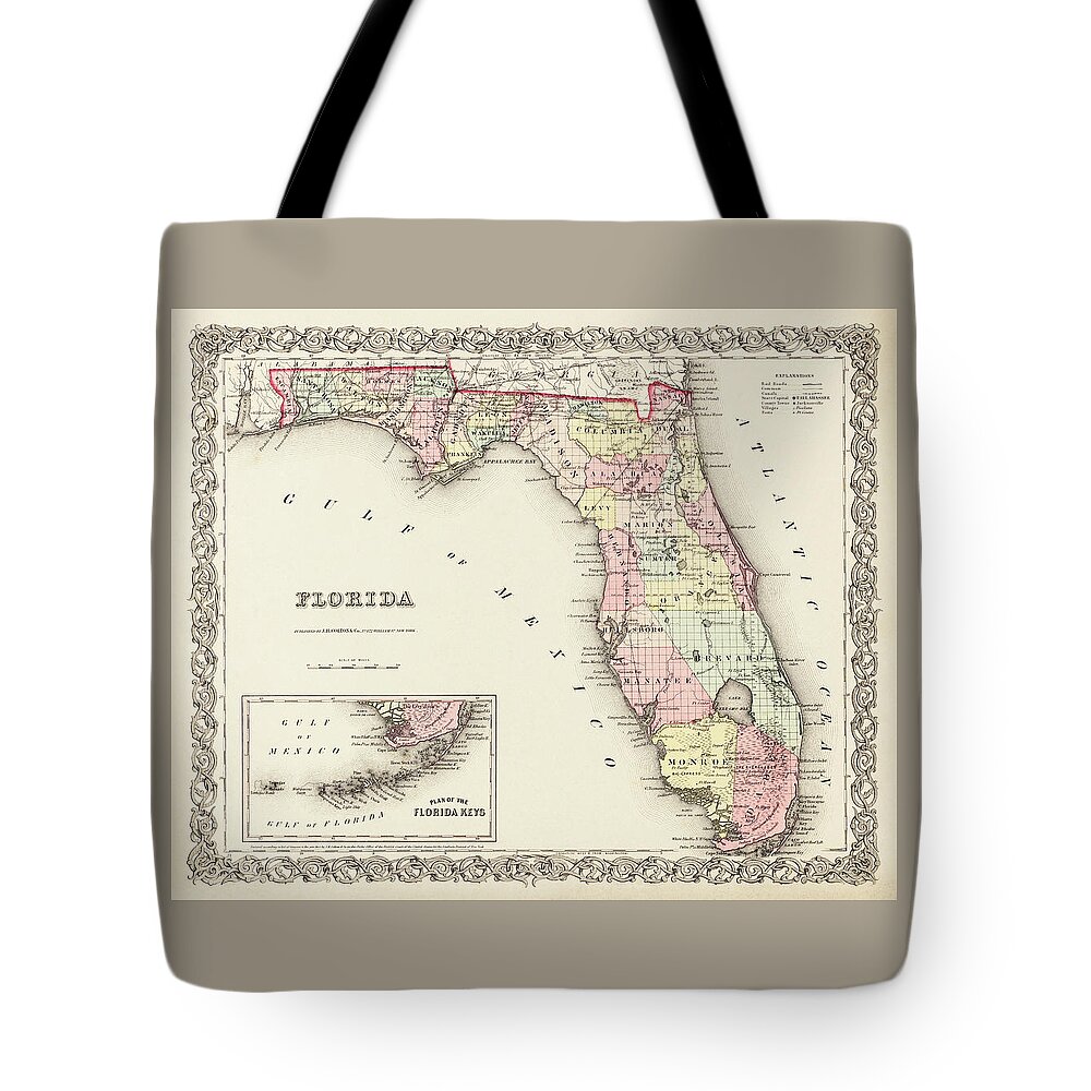 Florida Map Tote Bag featuring the photograph Vintage Map State of Florida 1856 by Carol Japp