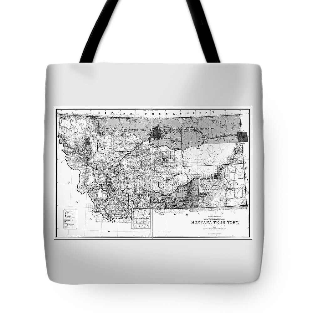 Montana Tote Bag featuring the photograph Vintage Map State of Montana 1887 Black and White by Carol Japp