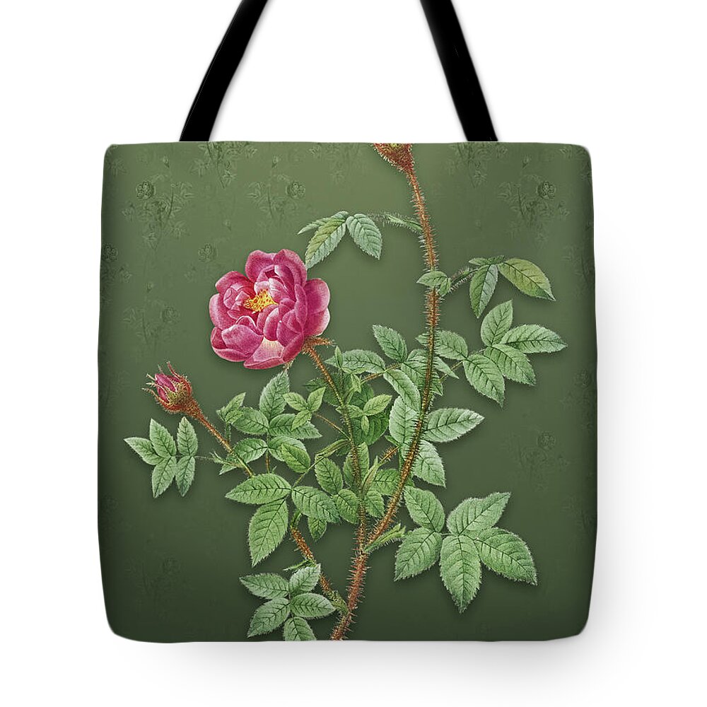 Vintage Tote Bag featuring the mixed media Vintage Moss Rose Botanical Art on Lunar Green Pattern n.1135 by Holy Rock Design