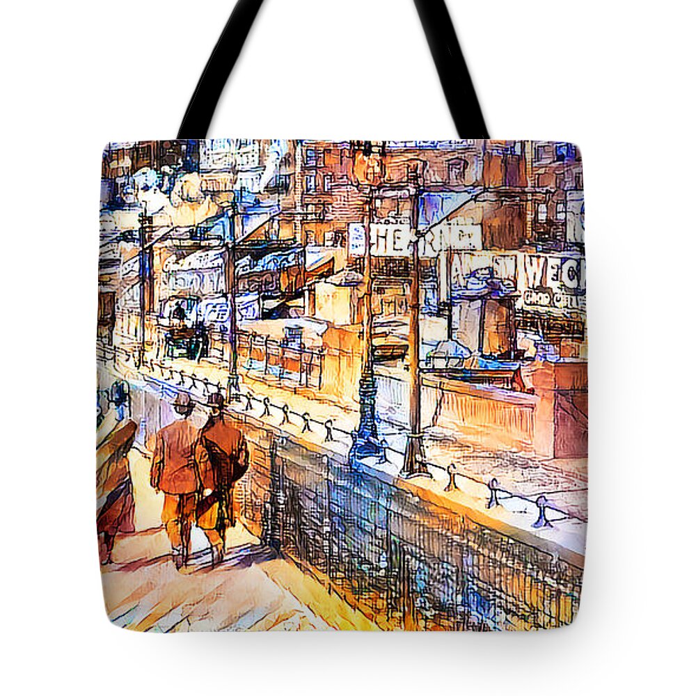 Wingsdomain Tote Bag featuring the photograph Vintage New York Brooklyn Bridge in Vibrant Watercolor Sketch Style 20200810 Long by Wingsdomain Art and Photography