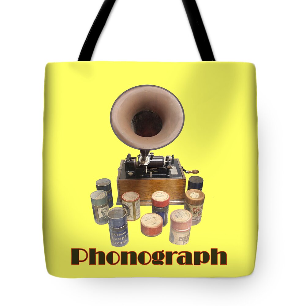 Vintage Tote Bag featuring the photograph Vintage Old Phonograph Gramophone With Witches Hat Horn  by Tom Conway