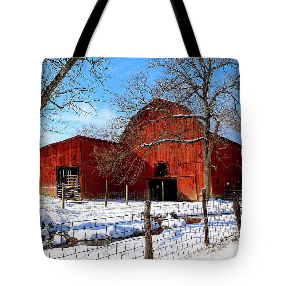 Barn Tote Bag featuring the photograph Vintage Red Barn in Snow by Shelia Hunt