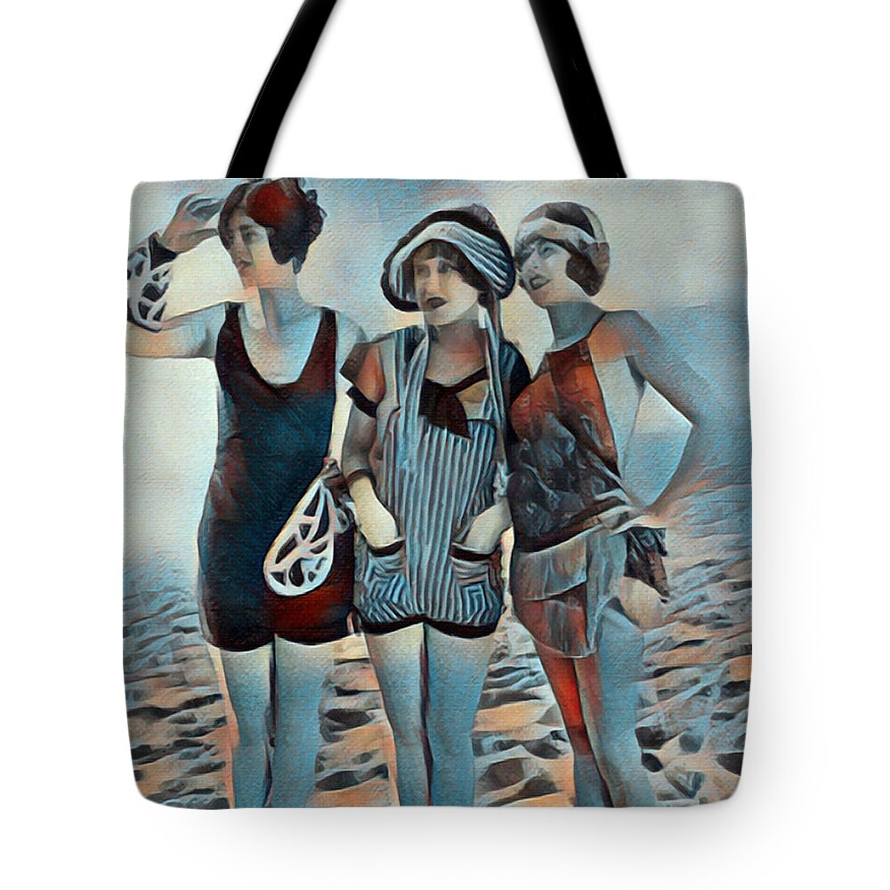 Wave Tote Bag featuring the painting Vintage Retro Women On Beach Friends 2 by Tony Rubino
