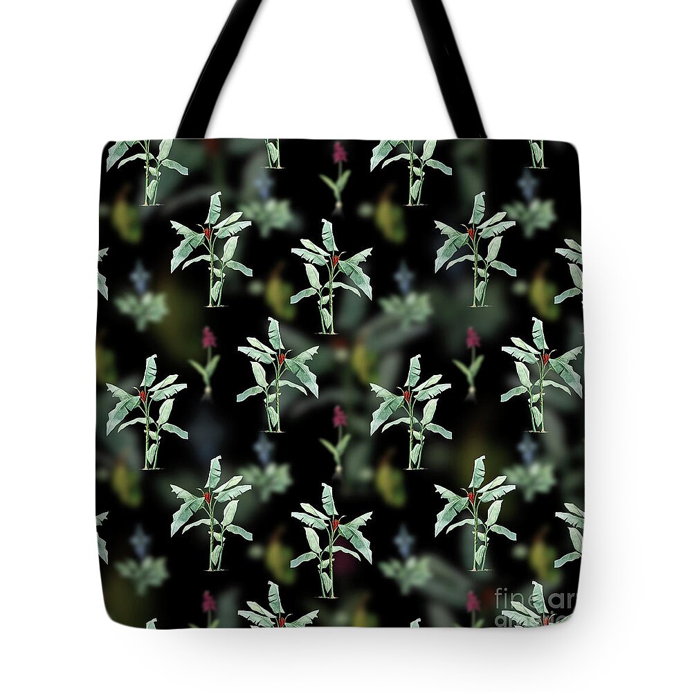 Vintage Tote Bag featuring the mixed media Vintage Scarlet Banana Floral Garden Pattern on Black n.0509 by Holy Rock Design