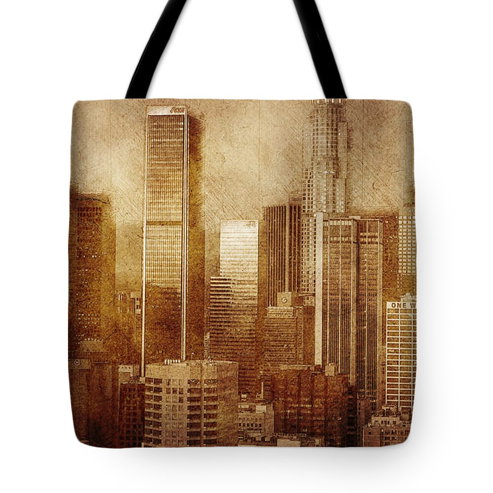 Los Angeles Tote Bag featuring the mixed media Vintage skyline of Los Angeles by Alex Mir