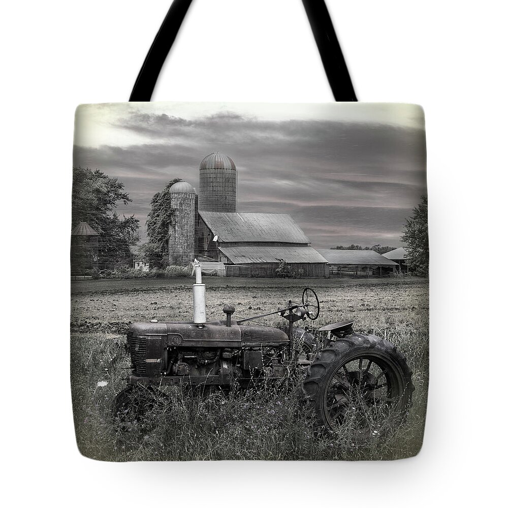 Barns Tote Bag featuring the photograph Vintage Tractor at the Country Farm by Debra and Dave Vanderlaan