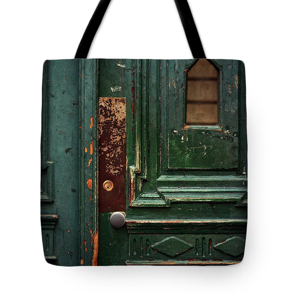 Door Tote Bag featuring the photograph Vintage weathered green wooden door by Mendelex Photography