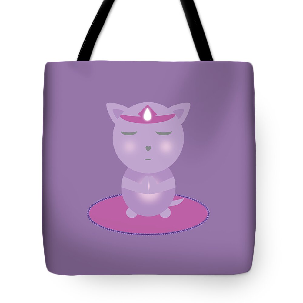 Prayer Tote Bag featuring the digital art Violet Cat Meditating On The Mat by Barefoot Bodeez Art