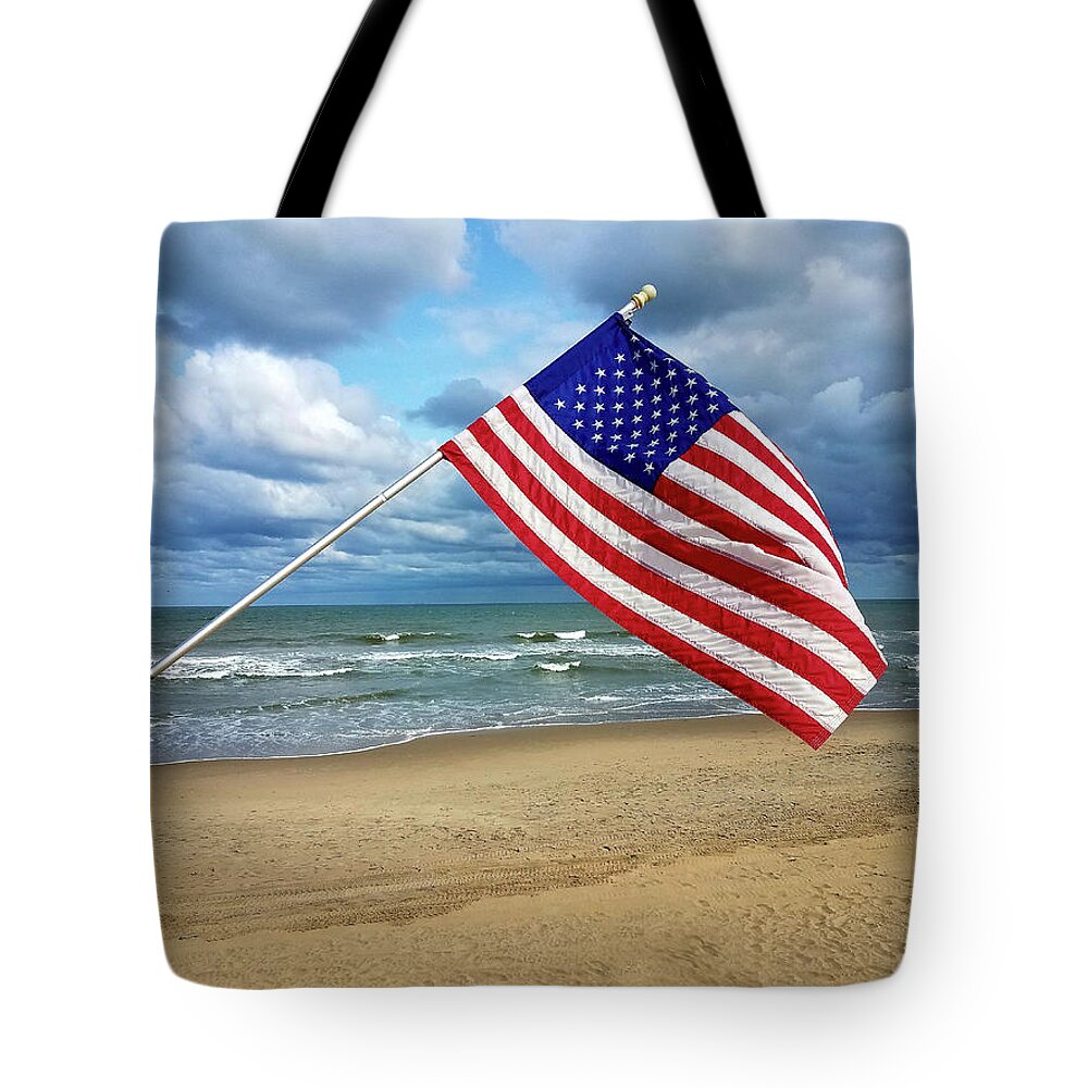 American Flag Tote Bag featuring the photograph Virginia Beach Salute by Susie Loechler