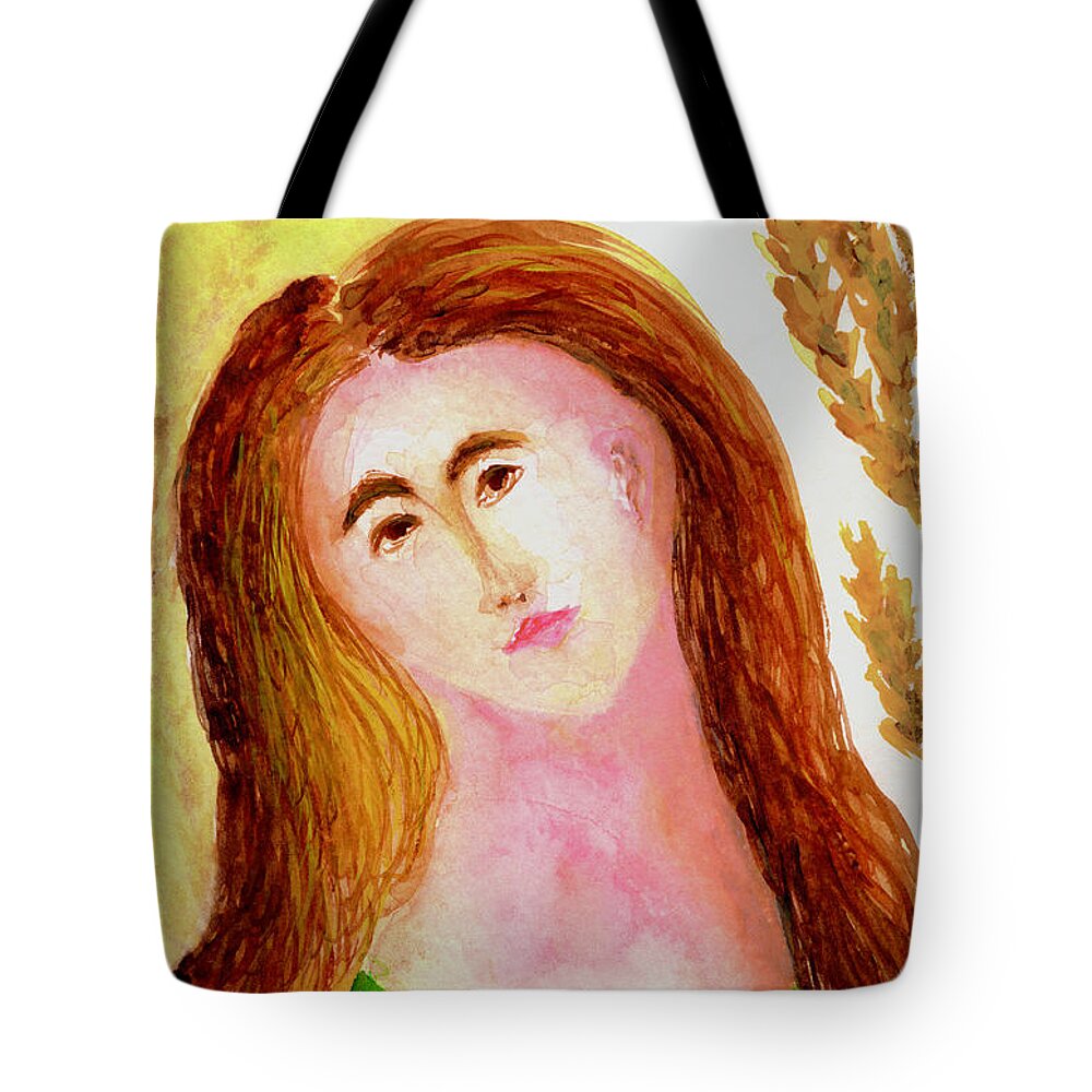 Green Brown Virgo Woman Tote Bag featuring the painting Virgo Zodiac Sign Goddess Symbol by Anne Nordhaus-Bike