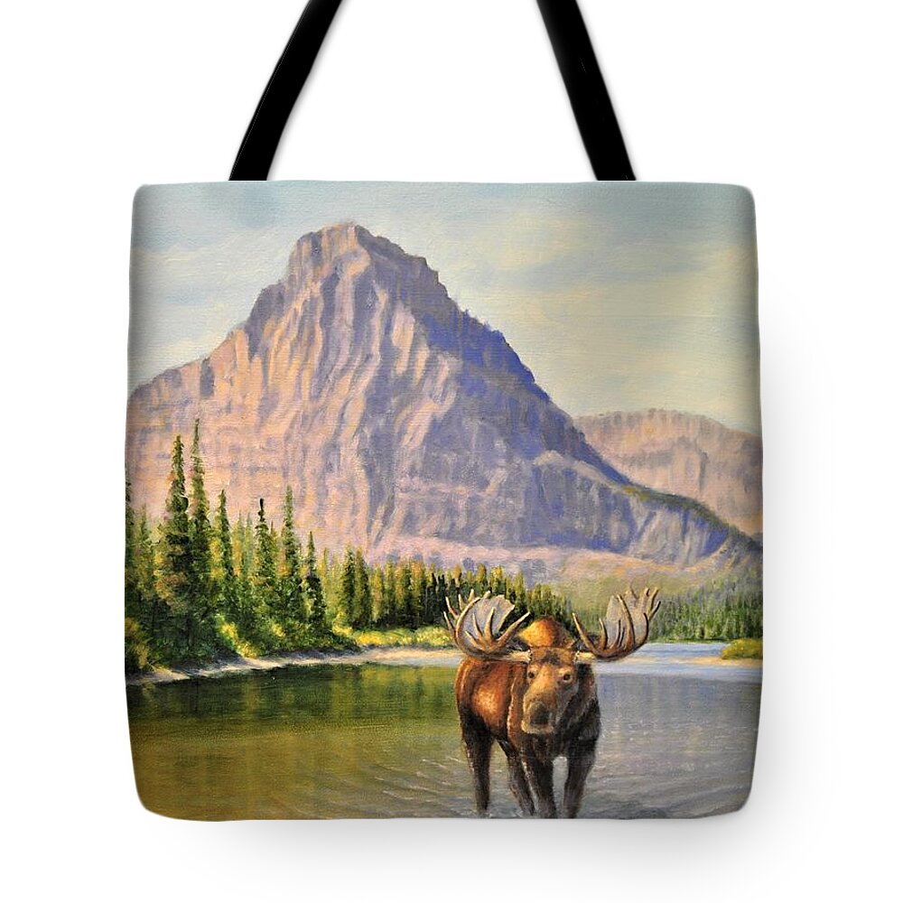 Mount Sinopah Tote Bag featuring the painting Visitor at Pray Lake by Lee Tisch Bialczak