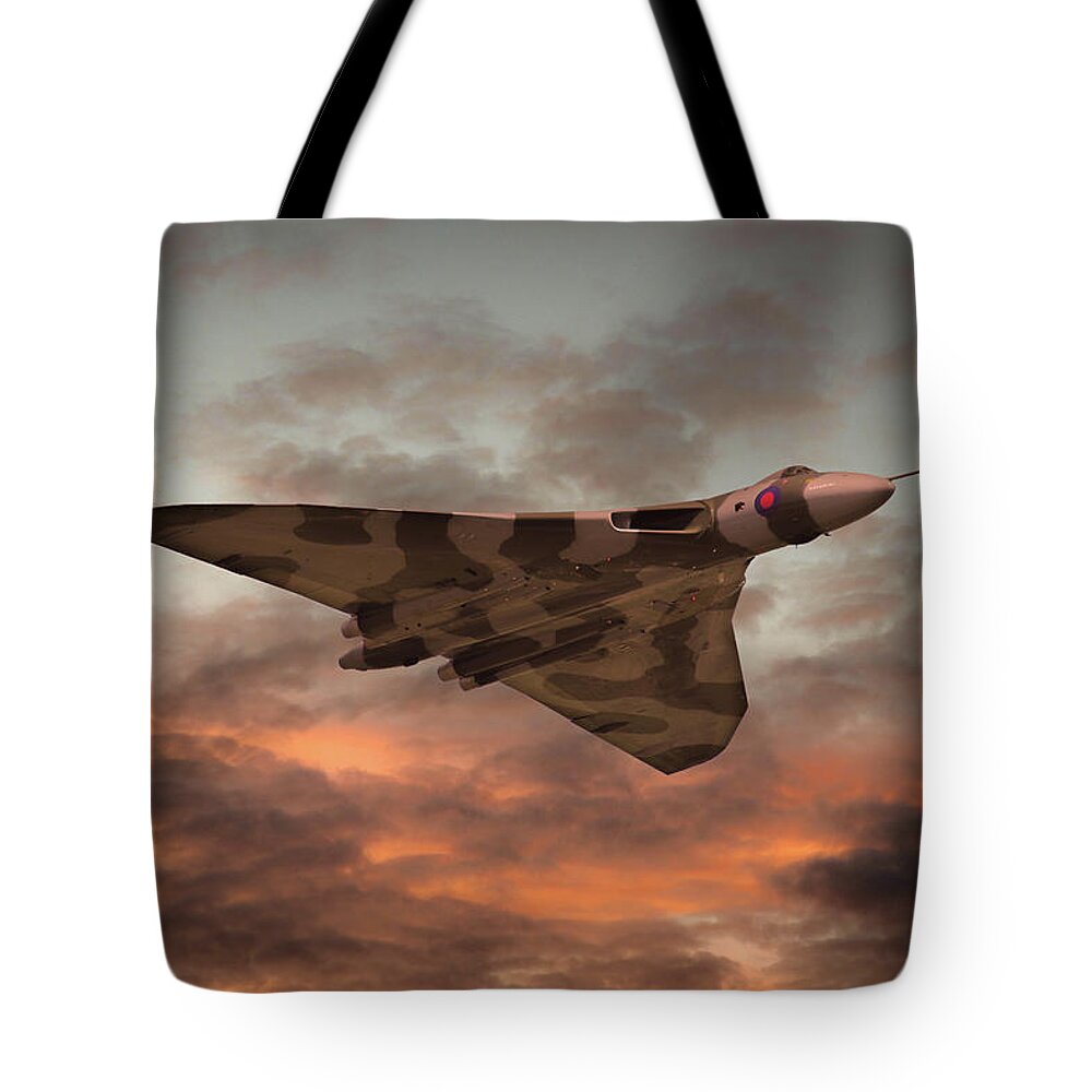 Avro Vulcan Bomber Tote Bag featuring the digital art Vulcan Bomber Sunset by Airpower Art