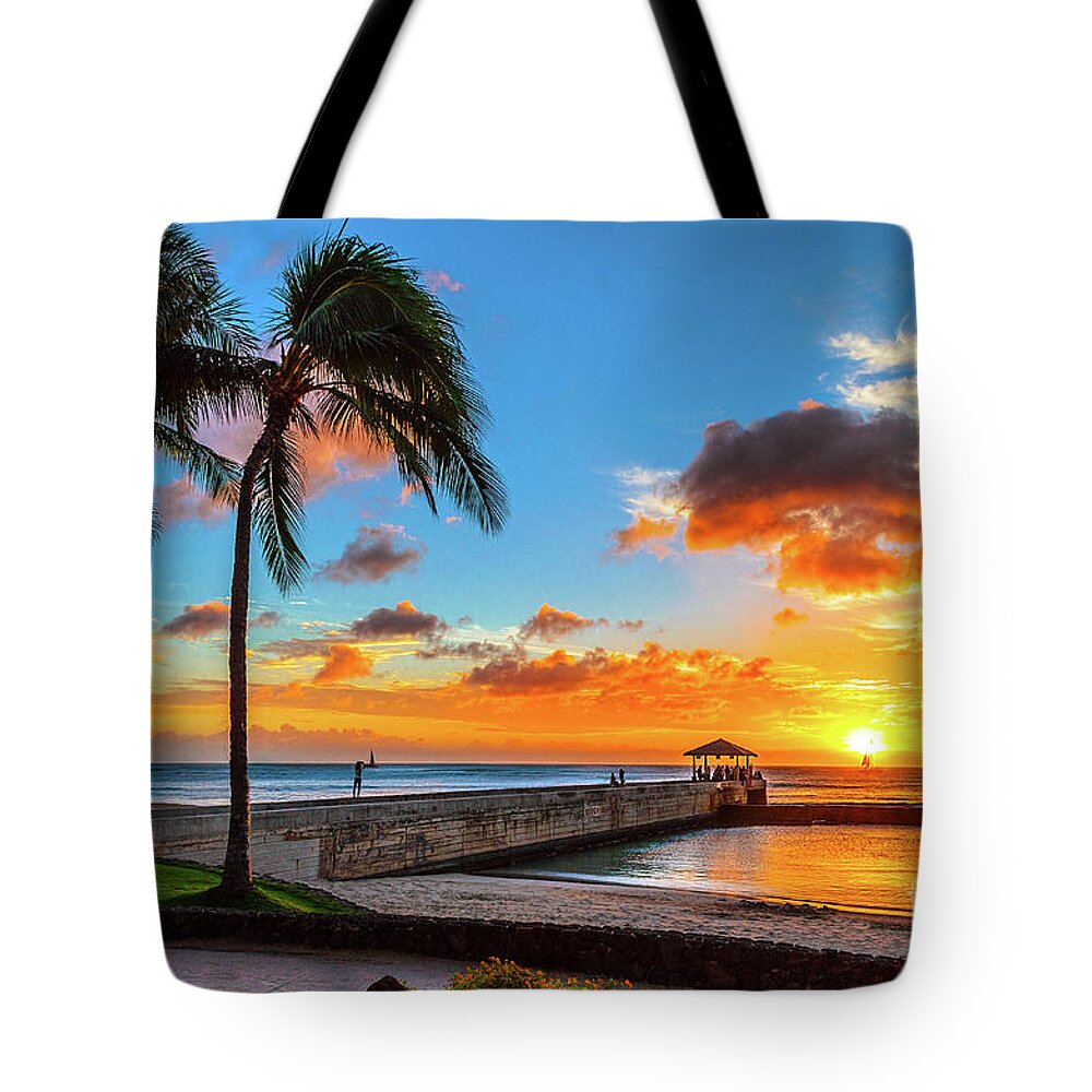 Waikiki Sunset Tote Bag featuring the photograph Waikiki Sunset off of the Pier by Aloha Art