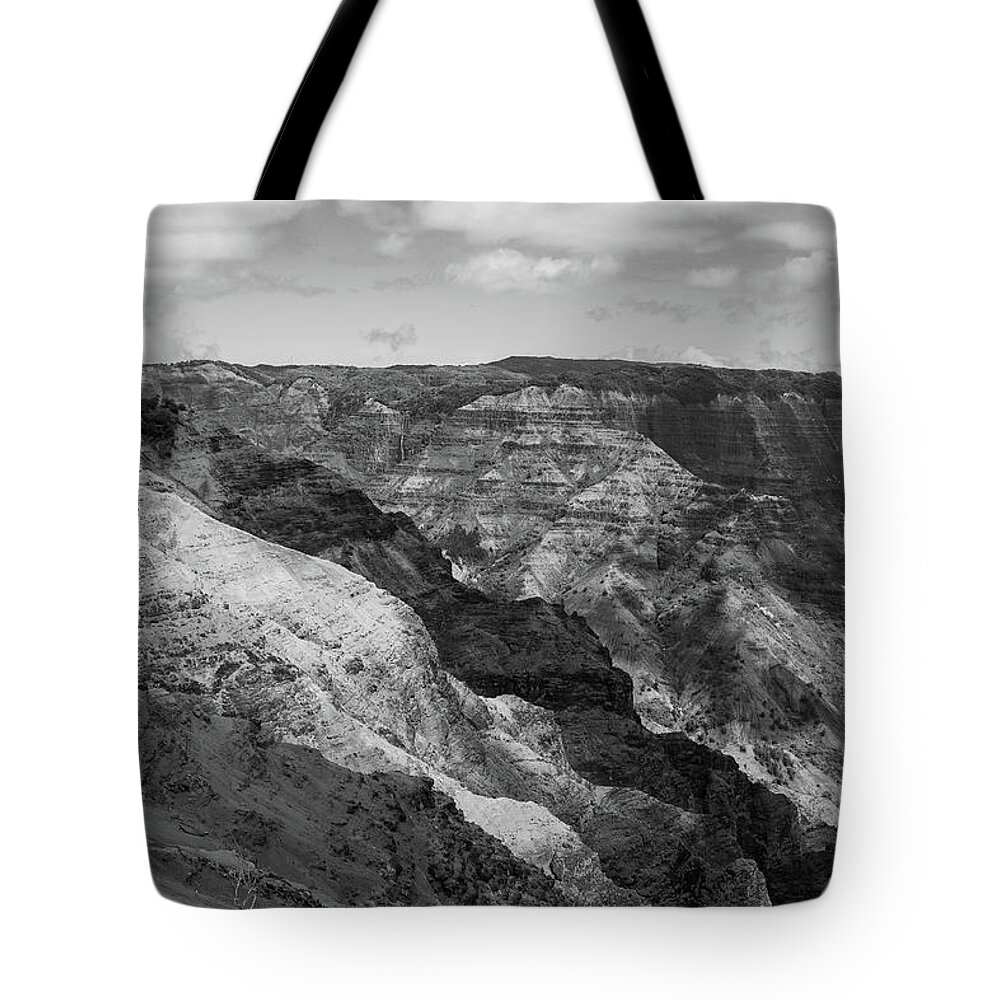 Waimea Canyon Tote Bag featuring the photograph Waimea Canyon in Black and White by Auden Johnson