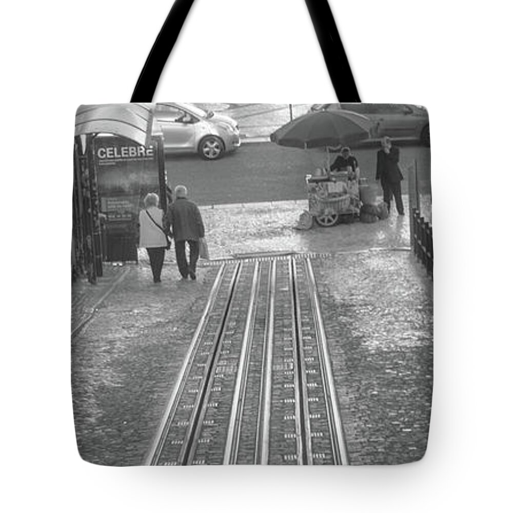 Lisbon Tote Bag featuring the photograph Walking by the rails - Lisbon by Christina McGoran