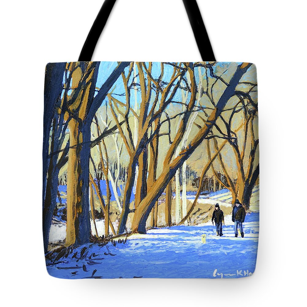 Abstract Tote Bag featuring the painting Walking Dogs on Snail Lake Trail by Lynn Hansen
