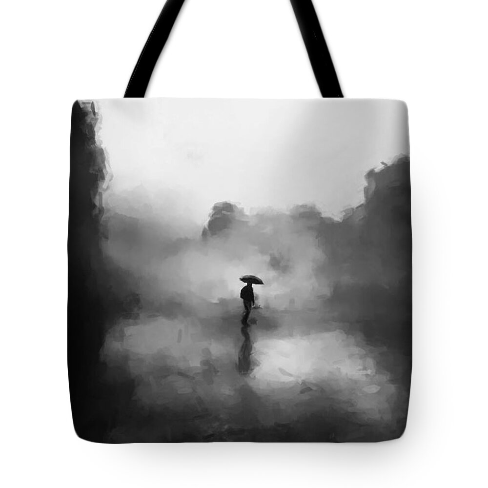 Walking In The Fog Tote Bag featuring the painting Walking in the Fog by Gary Arnold