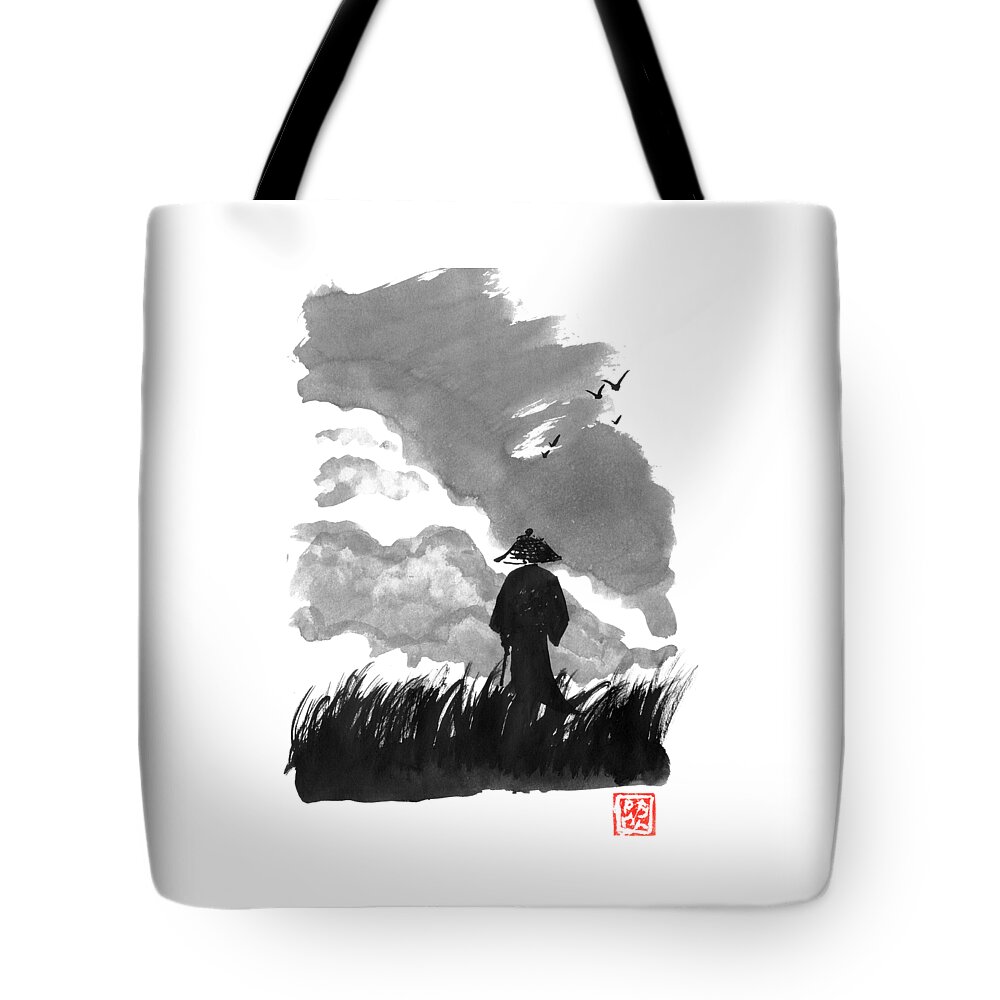 Samurai Tote Bag featuring the drawing Walking Samurai In The Pairy by Pechane Sumie