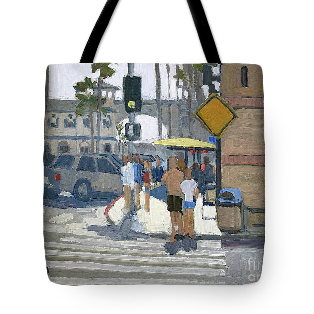 Crystal Pier Tote Bag featuring the painting Walking to the Pier - Pacific Beach, San Diego, California by Paul Strahm