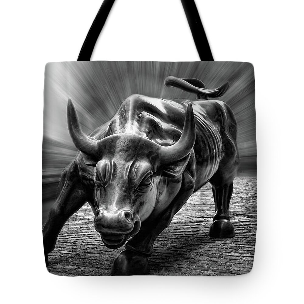 Wall Street Bull Black And White Tote Bag featuring the photograph Wall Street Bull Black and White by Wes and Dotty Weber