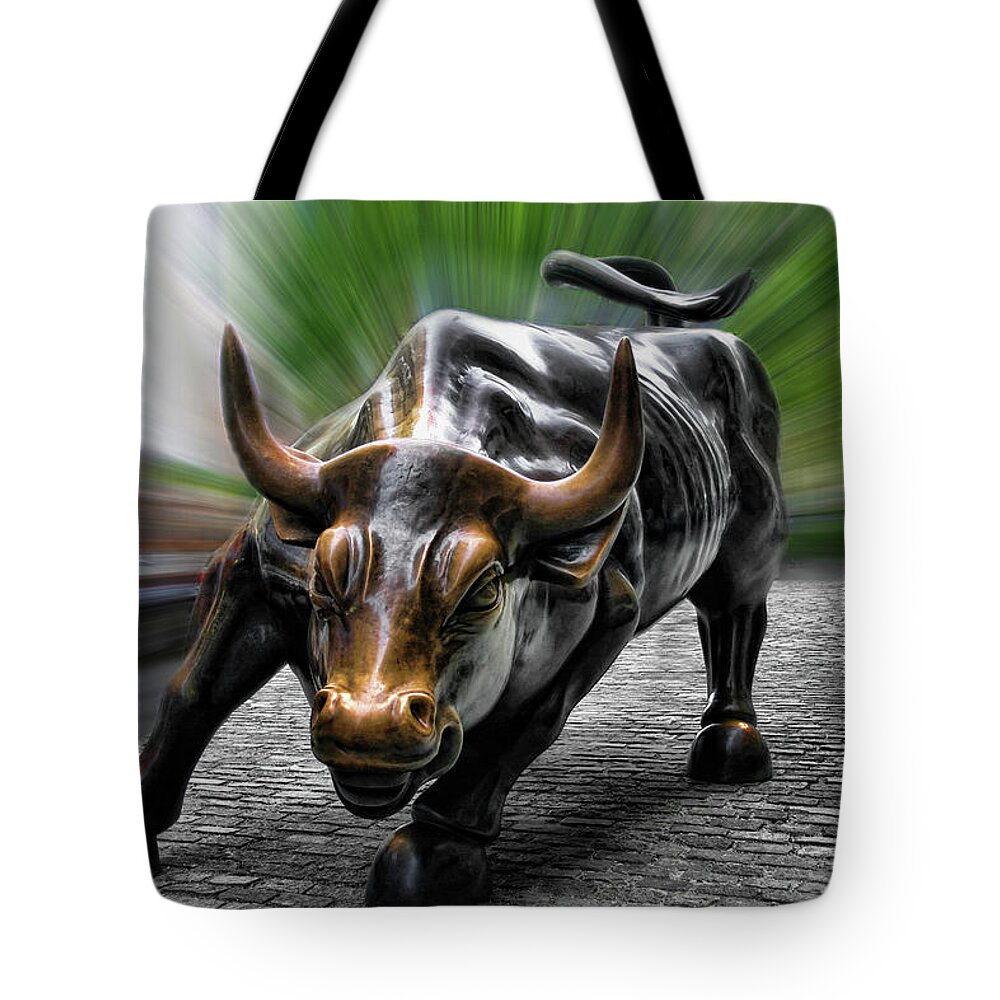 Wall Street Bull Tote Bag featuring the photograph Wall Street Bull by Wes and Dotty Weber