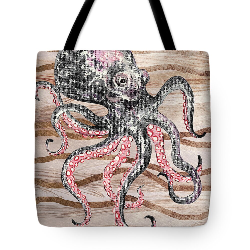 Octopus Tote Bag featuring the painting Warm Gray Watercolor Octopus On Calm Beige Wave Beach Art by Irina Sztukowski