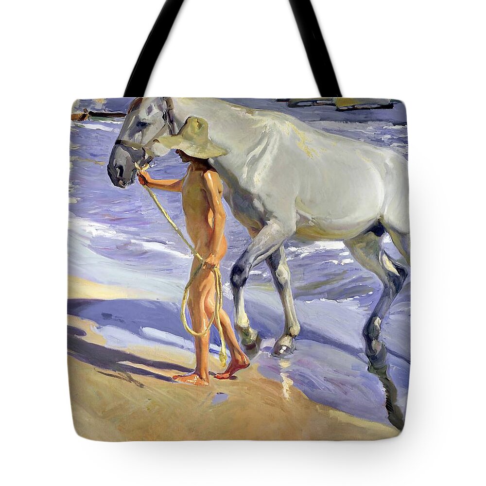 Joaquin Sorolla Y Bastida Tote Bag featuring the painting Washing the Horse by Joaquin Sorolla y Bastida