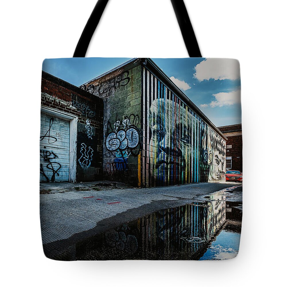 Downtown Tote Bag featuring the photograph Washington Alley Mural Reflections by Stuart Litoff
